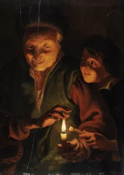 Alte Frau mit Jungen bei Kerzenlicht